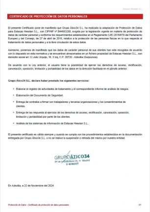 Certificado protección de datos de Estacas Hesolan S.L.